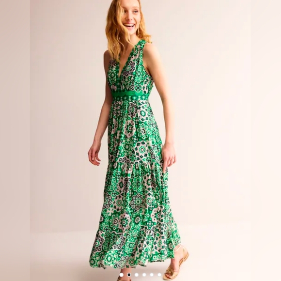 Boden • Serena Cotton Tie Maxi Dress Green Tambourine, Artisian Geo NWT - Picture 2 of 12